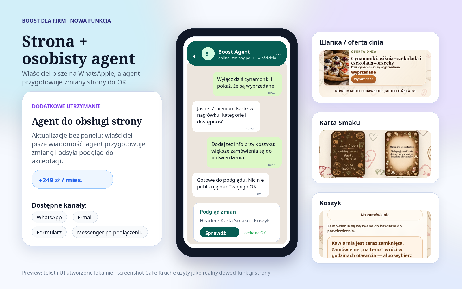 Przykład opieki nad stroną przez WhatsApp i formularz, z Messengerem po podłączeniu